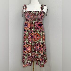 Johnny Was Silk Dress Medium NWT Smocked Boho Floral Tie Strap